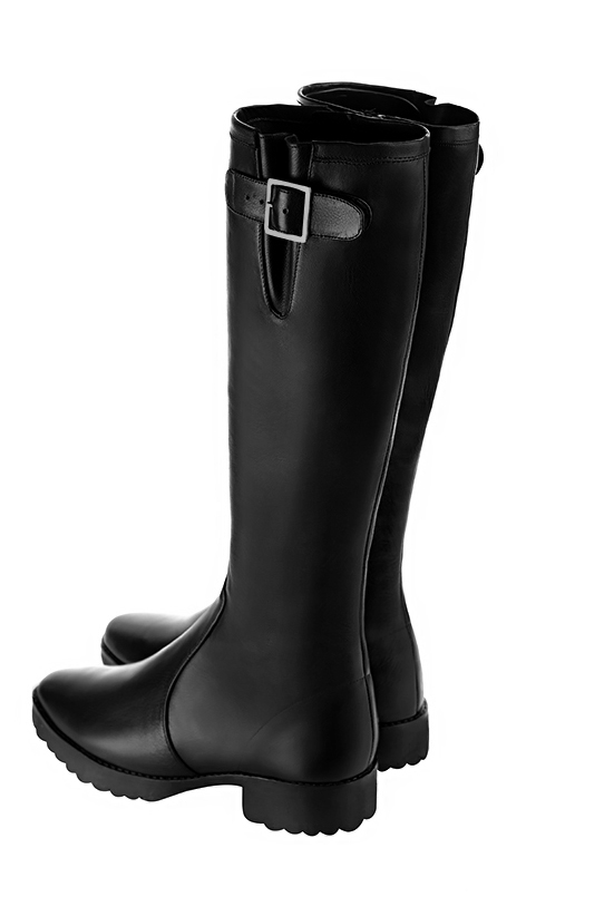 Satin black women's knee-high boots with buckles. Round toe. Flat rubber soles. Made to measure. Rear view - Florence KOOIJMAN